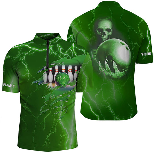MaxCorners Bowling Ball And Pins Purple Lightning Multicolor Customized Name, Team Name 3D Stand Collar Zipper Polo Shirt