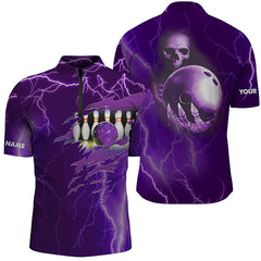 MaxCorners Bowling Ball And Pins Purple Lightning Multicolor Customized Name, Team Name 3D Stand Collar Zipper Polo Shirt