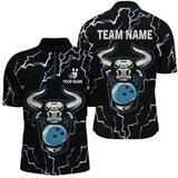 MaxCorners Bowling Ball And Pins Bull Thunder Lightning Black Customized Name, Team Name 3D Stand Collar Zipper Polo Shirt