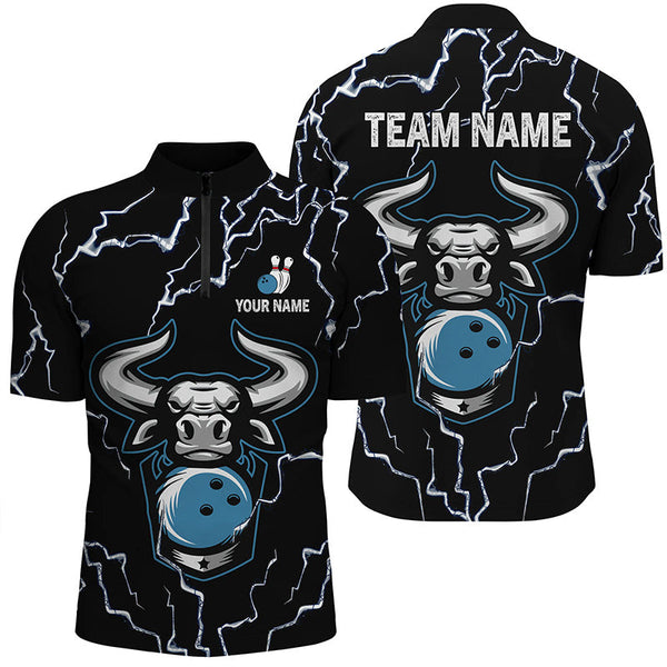 MaxCorners Bowling Ball And Pins Bull Thunder Lightning Black Customized Name, Team Name 3D Stand Collar Zipper Polo Shirt