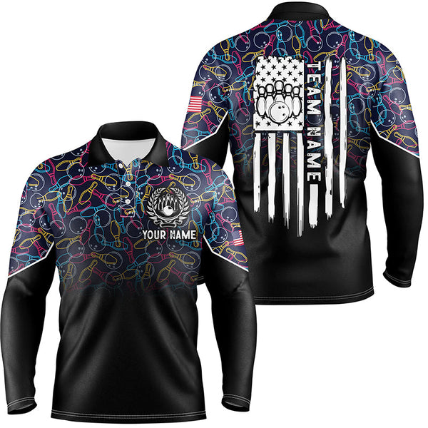 Maxcorners Black Bowling Camo Polo Bowling Shirts Custom American Flag Patriotic Bowling Team League Jerseys For Men And Women