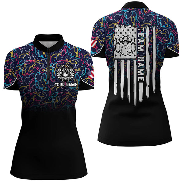 Maxcorners Black Bowling Camo Polo Bowling Shirts Custom American Flag Patriotic Bowling Team League Jerseys For Men And Women