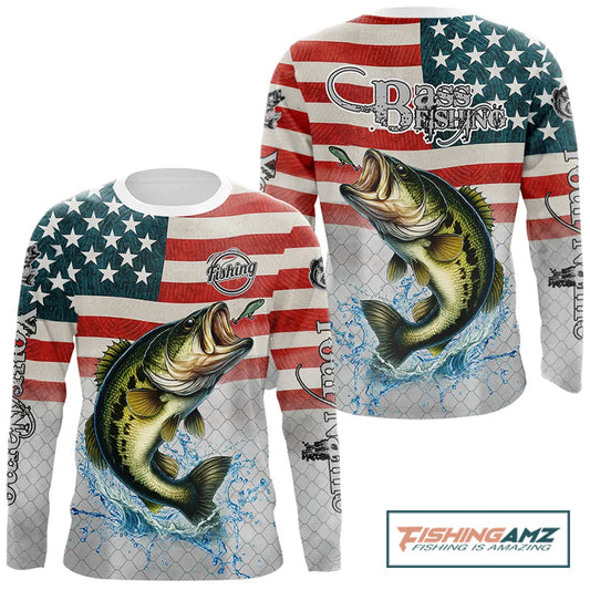 Maxcorners Custom Name American Flag Largemouth Bass Long Sleeve Fishing Shirt, patriotic Bass Fishing jersey LM0201