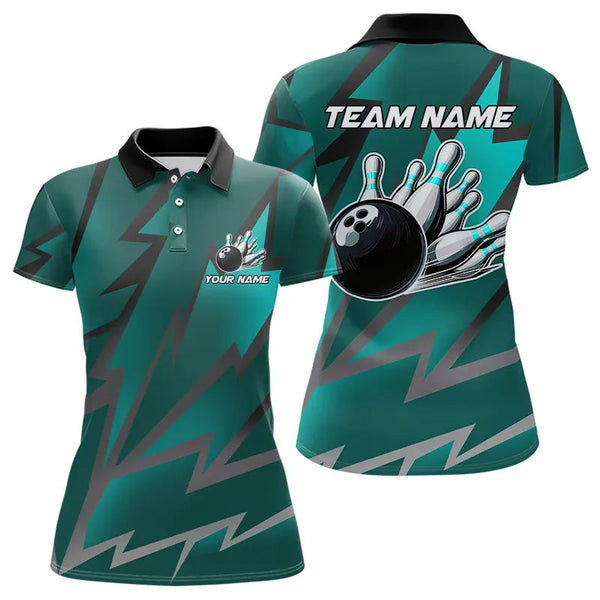 Maxcorners Cyan Blue Lightning Thunder Storm Team Bowling Shirt For Men & Women Custom Bowling Polo, Quarter Zip Jersey