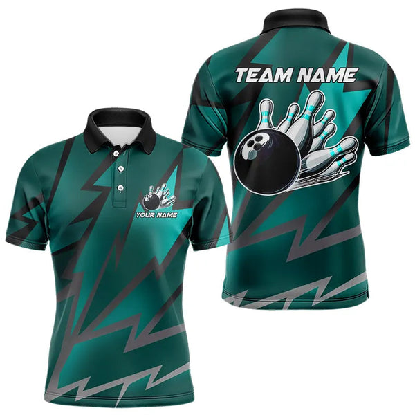 Maxcorners Cyan Blue Lightning Thunder Storm Team Bowling Shirt For Men & Women Custom Bowling Polo, Quarter Zip Jersey