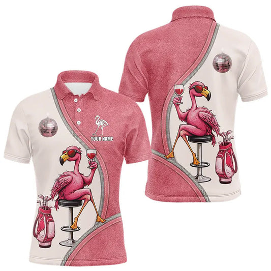Maxcorners Custom Funny Pink Flamingo Drink Wine Golf Polo Shirts For Men, Flamingo Mens Golf tops