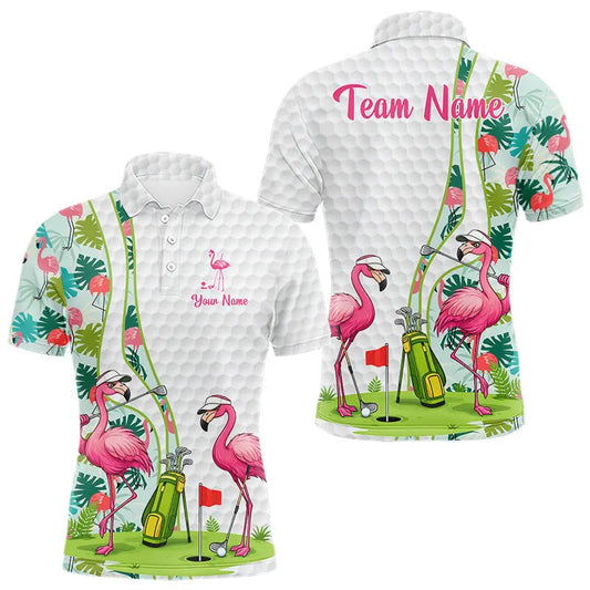 Maxcorners Funny Pink Flamingo Golf polo shirt for men custom tropical monstera leaf pattern golf shirts