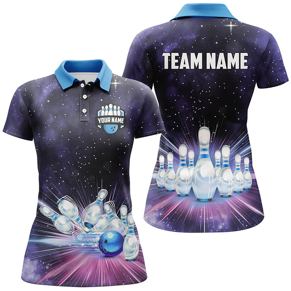 Maxcorners Purple Galaxy Bowling Polo, Quarter Zip Shirt Custom Team Bowling Jerseys, Gift For Bowler