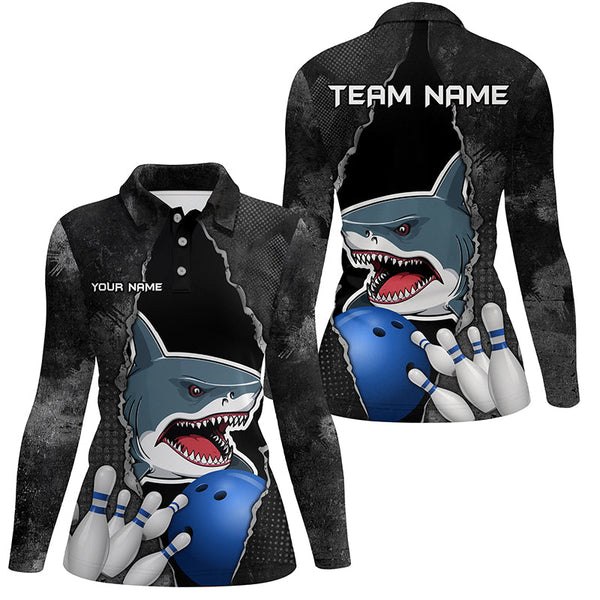 Maxcorners Shark grunge pattern Custom Women Bowling Polo, Quarter Zip Shirts Shark Bowling Team Jerseys Outfits