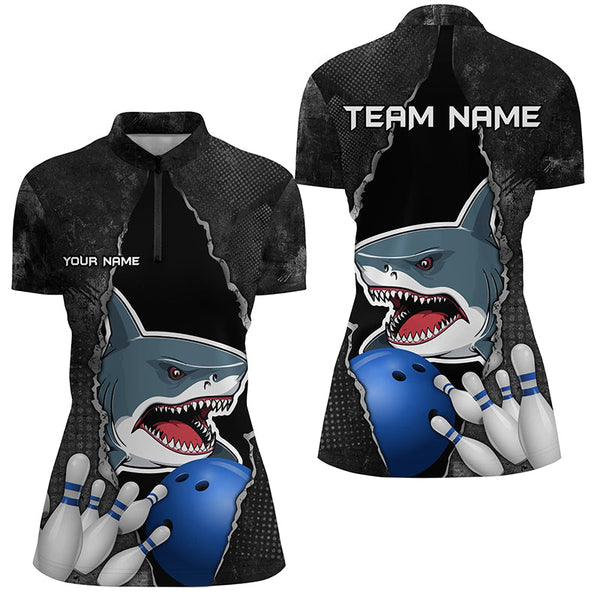 Maxcorners Shark grunge pattern Custom Women Bowling Polo, Quarter Zip Shirts Shark Bowling Team Jerseys Outfits