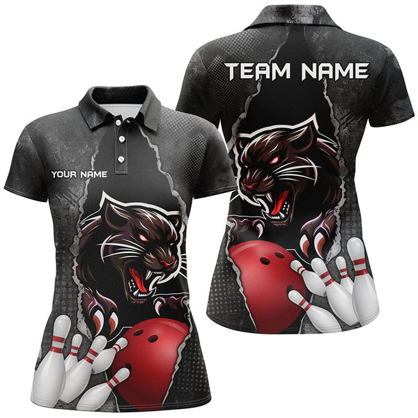 Maxcorners Black grunge pattern Custom Women Bowling Polo, Quarter Zip Shirt Panther Bowling Team Jerseys Outfits