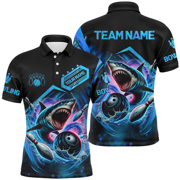 Maxcorners Personalized Black and Blue Angry Shark Bowling shirt for Men Custom Team's Name Bowler