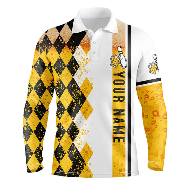 Maxcorners Funny Black And Yellow Argyle Bowling Beer Customized Name And Team Name 3D Shirt