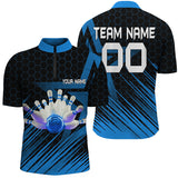 MaxCorners Bowling Ball And Pins Blue Hexagon Pattern Customized Name, Team Name 3D Stand Collar Zipper Polo Shirt