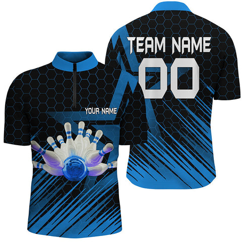 MaxCorners Bowling Ball And Pins Blue Hexagon Pattern Customized Name, Team Name 3D Stand Collar Zipper Polo Shirt