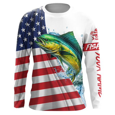 Maxcorners American flag patriotic Mahi mahi fishing Custom UV Protection saltwater long sleeve Fishing Shirts  LM2408