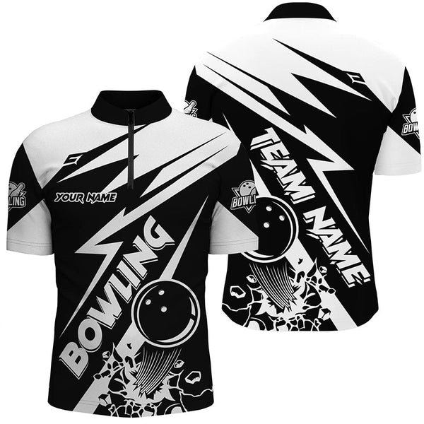 MaxCorners Bowling And Pins Black And White Customized Name, Team Name 3D Stand Collar Zipper Polo Shirt For Men