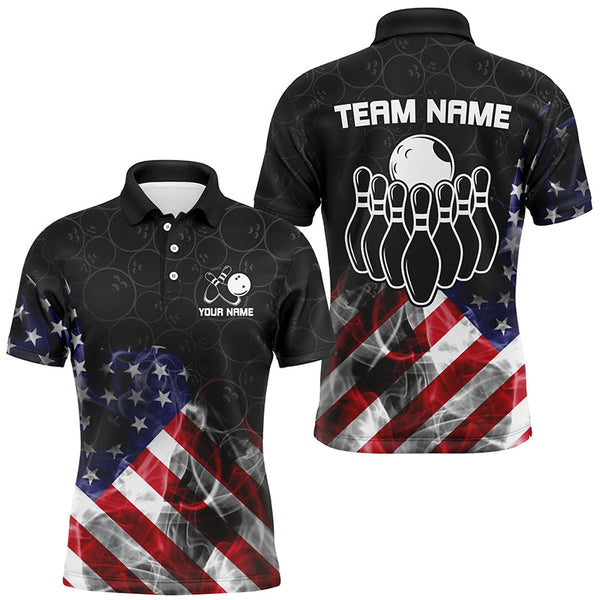 Maxcorners Bowling Smoke American Flag Black Camo Customized Name, Team Name 3D Polo Shirt Unisex