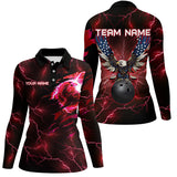 Maxcorners Red lightning thunder bowling American flag Eagle custom Women Bowling Polo Shirts, Quarter Zip Shirts