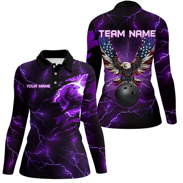 Maxcorners Purple lightning thunder bowling American flag Eagle custom Women Bowling Polo, Quarter Zip Shirts