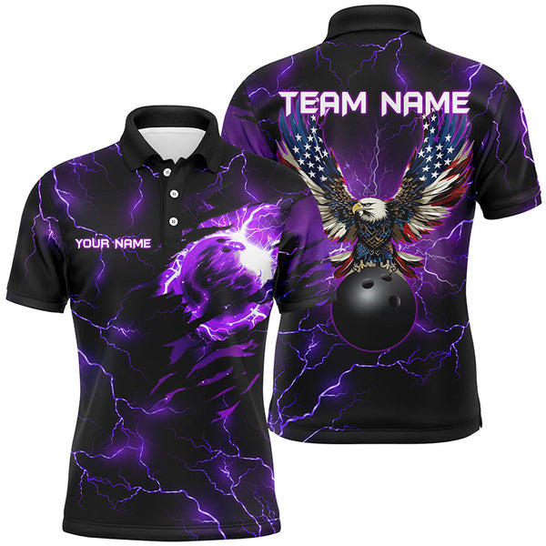 Maxcorners Purple lightning thunder bowling American flag Eagle custom Mens Bowling Polo, Quarter Zip Shirts