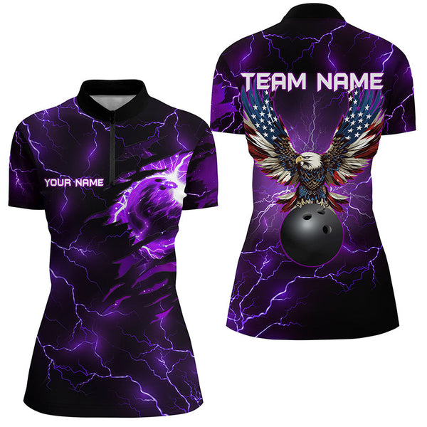 Maxcorners Purple lightning thunder bowling American flag Eagle custom Women Bowling Polo, Quarter Zip Shirts