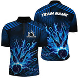 MaxCorners Bowling And Pins Blue Thunder Lightning Customized Name, Team Name 3D Stand Collar Zipper Polo Shirt For Men