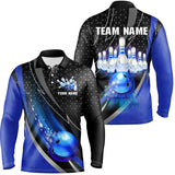 Maxcorners Black and Blue Bowling Camo Polo, 1/4 Zip Shirt for Men Custom Team Bowling jerseys, Bowler Outfit