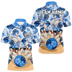 Maxcorners Blue tropical flower Bowling Polo, Quarter Zip Shirts For Men Custom bowling team jersey MT0111