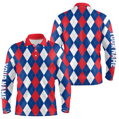 Maxcorners Mens golf polo shirt custom red, white and blue argyle plaid pattern golf attire for men