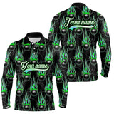 Maxcorners Black Bowling Ball Camo Green Flame Bowling Polo, 1/4 Zip Shirt For Men Custom Bowling Team Jersey