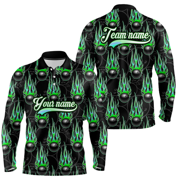 Maxcorners Black Bowling Ball Camo Green Flame Bowling Polo, 1/4 Zip Shirt For Men Custom Bowling Team Jersey