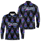 Maxcorners Black Bowling Ball Camo Blue Flame Bowling Polo, 1/4 Zip Shirt For Men Custom Bowling Team Jersey