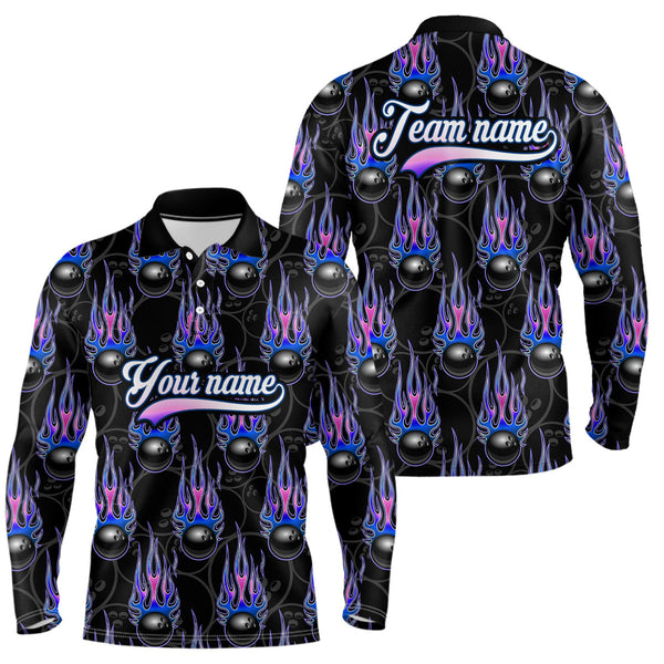 Maxcorners Black Bowling Ball Camo Blue Flame Bowling Polo, 1/4 Zip Shirt For Men Custom Bowling Team Jersey
