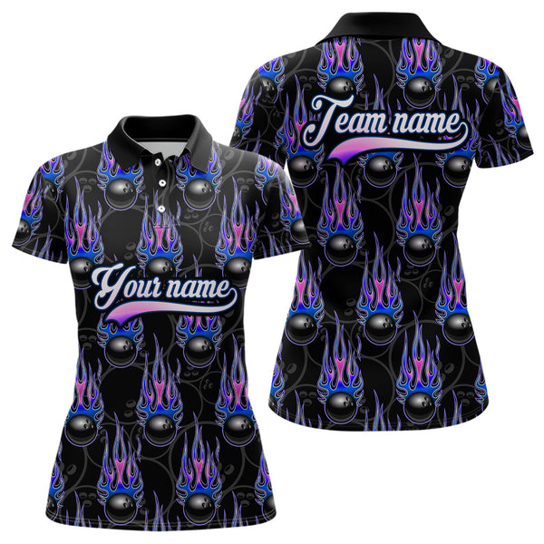 Maxcorners Black Bowling Ball Camo Blue Flame Bowling Polo, 1/4 Zip Shirt For Men Custom Bowling Team Jersey