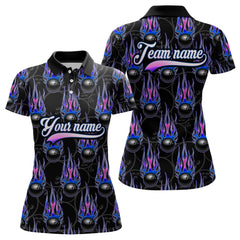 Maxcorners Black Bowling Ball Camo Blue Flame Bowling Polo, 1/4 Zip Shirt For Men Custom Bowling Team Jersey