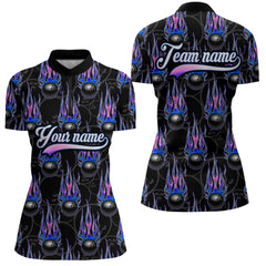 Maxcorners Black Bowling Ball Camo Blue Flame Bowling Polo, 1/4 Zip Shirt For Men Custom Bowling Team Jersey