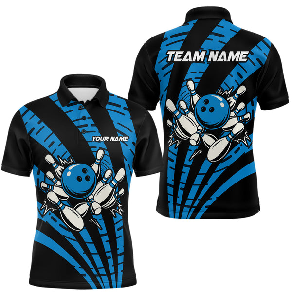 Maxcorners Custom Black and Blue camo Bowling Polo, Quarter Zip Shirt For Mens Custom Team bowling jerseys MT0609