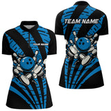 Maxcorners Custom Black and Blue camo Bowling Polo, Quarter Zip Shirt For Mens Custom Team bowling jerseys MT0609