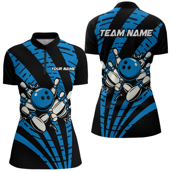 Maxcorners Custom Black and Blue camo Bowling Polo, Quarter Zip Shirt For Mens Custom Team bowling jerseys MT0609