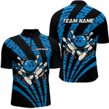 Maxcorners Custom Black and Blue camo Bowling Polo, Quarter Zip Shirt For Mens Custom Team bowling jerseys MT0609