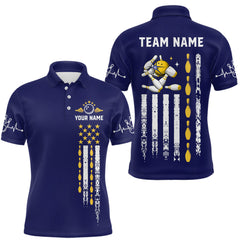 Maxcorners Yellow and Navy Blue Retro American Flag Bowling Shirts For Men Custom Patriotic Bowling Team Jerseys
