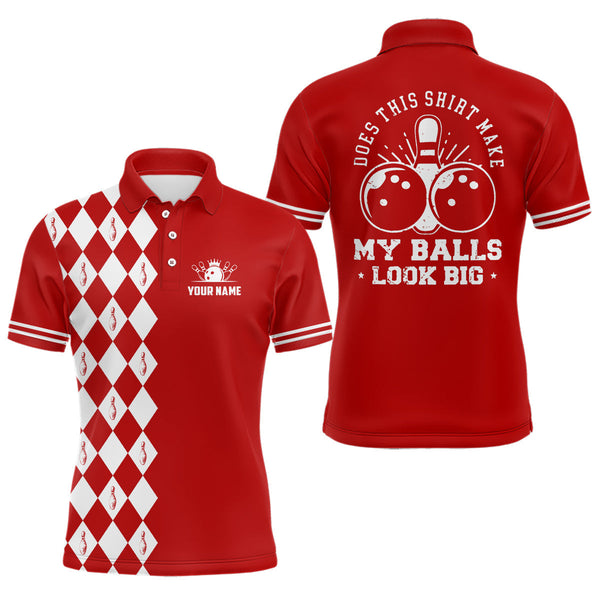 Maxcorners Funny red and white argyle retro Bowling Shirt for men Custom Does this shirt make my balls look big MT0609
