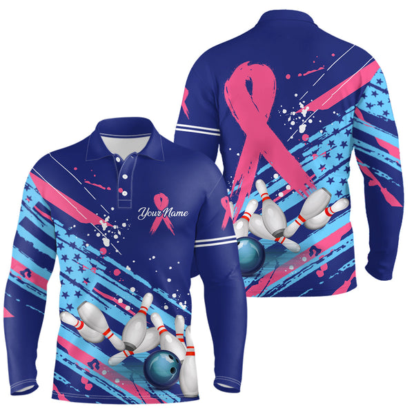 Maxcorners Blue American Flag Pink Ribbon Bowling Customized Name And Team Name 3D Shirt