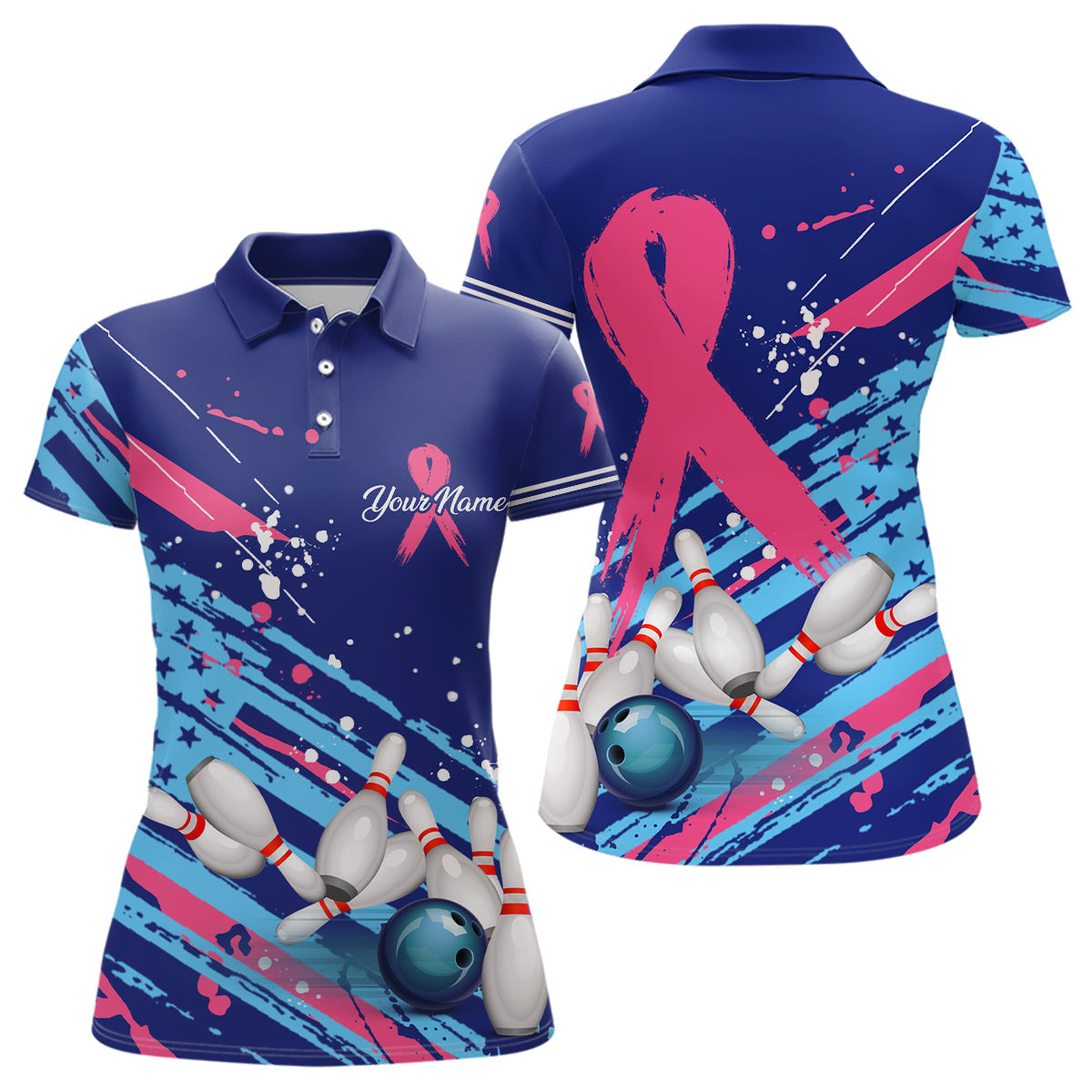 Maxcorners Pink Ribbon Bowling And Pins Breast Cancer Awareness Customized Name 3D Shirt For Women