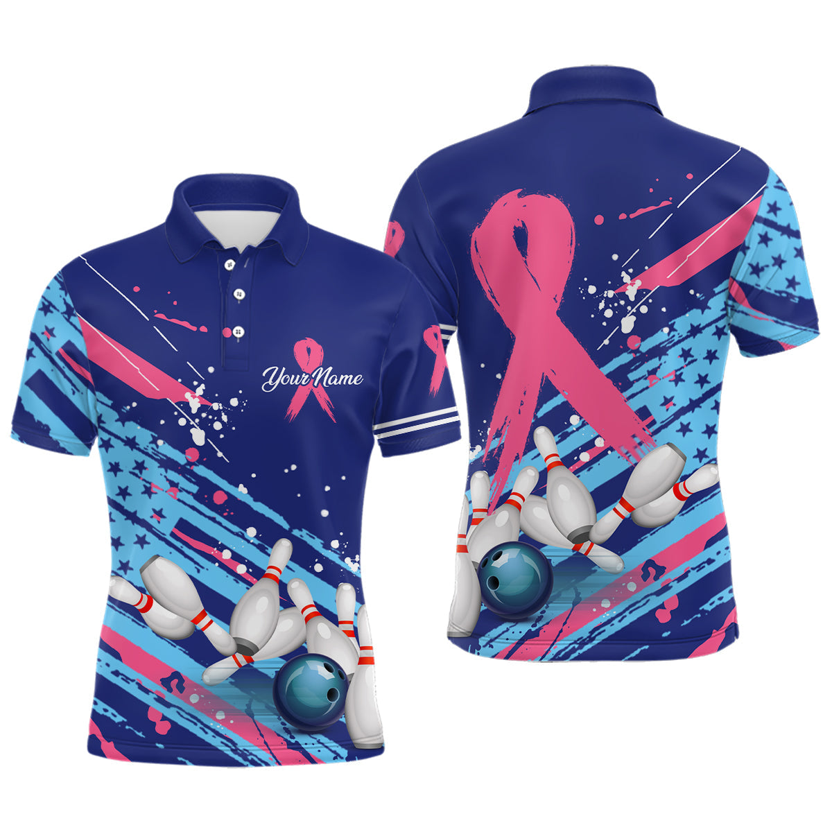 Maxcorners Blue American Flag Pink Ribbon Bowling Customized Name And Team Name 3D Shirt