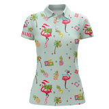 Maxcorners Pink Flamingo Christmas Green Pattern Women golf polo shirt custom Christmas gifts for team golfer