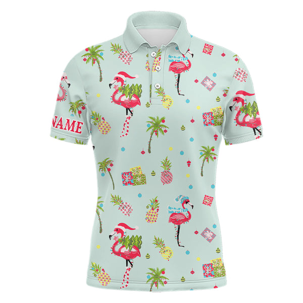 Maxcorners Pink Flamingo Christmas Green Pattern Men golf polo shirt custom Christmas gifts for team golfer