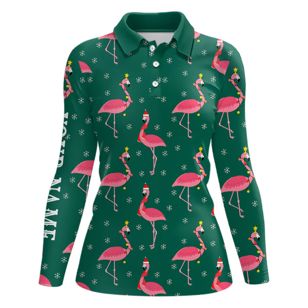 Maxcorners Pink Flamingo Christmas Snowflake Green Pattern Women golf polo shirt custom gifts for team golfer