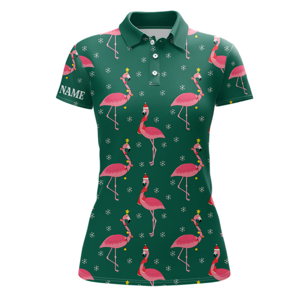 Maxcorners Pink Flamingo Christmas Snowflake Green Pattern Women golf polo shirt custom gifts for team golfer